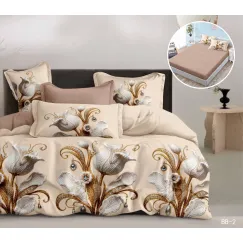 Lenjerie de Pat Dublu din Finet cu Elastic, Model 5D cu Flori Bej-Auriu, 6 Piese
