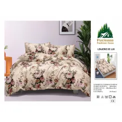 Lenjerie de Pat Dublu din Finet cu Cearceaf cu Elastic, Model Floral Vintage Pucioasa, 4 Piese