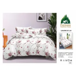 Lenjerie de Pat Dublu din Finet cu Cearceaf cu Elastic, Model Floral Romantic Pucioasa, 4 Piese