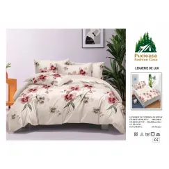 Lenjerie de Pat Dublu din Finet cu Cearceaf cu Elastic, Model Elegant cu Orhidee Pucioasa, 4 Piese
