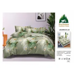 Lenjerie de Pat Dublu din Finet cu Cearceaf cu Elastic, Model Elegant cu Fluturi Verzi și Flori Pucioasa, 4 Piese