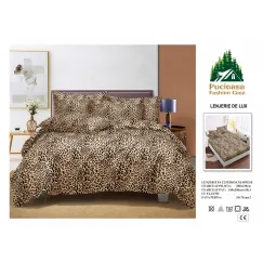 Lenjerie de Pat Dublu din Finet cu Cearceaf cu Elastic, Model Animal Print Leopard Pucioasa, 4 Piese