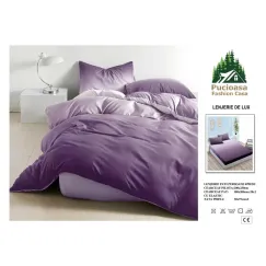 Lenjerie de Pat Dublu din Finet cu Cearceaf cu Elastic, Model Elegant în Degradé Mov Pucioasa, 4 Piese