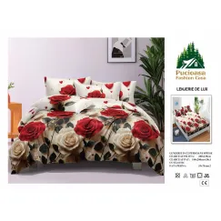 Lenjerie de Pat Dublu din Finet cu Cearceaf cu Elastic, Model Romantic cu Trandafiri Pucioasa, 4 Piese