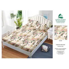 Husă cu elastic din finet model iepurași pufoși și flori de cireș roz cu 2 fețe perna 160x200 cm