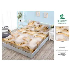 Husă cu elastic din finet model marmură cu inserții aurii și nuanțe bej-crem cu 2 fețe perna 160x200 cm