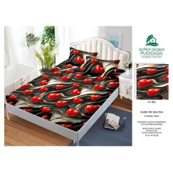 Husă cu elastic din finet model inimi 3D roșii pe fundal negru cu valuri aurii cu 2 fețe perna 160x200 cm