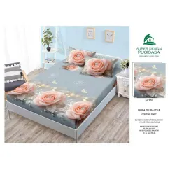 Husă cu elastic din finet model trandafiri roz 3D cu perle și fluturi pe fundal gri cu 2 fețe perna 160x200 cm