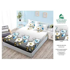 Husă cu elastic din finet model flori albe și albastre pe fundal alb-gri cu 2 fețe perna 160x200 cm