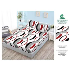 Husă cu elastic din finet model geometric cu valuri alb, gri, negru și roșu cu 2 fețe perna 160x200 cm