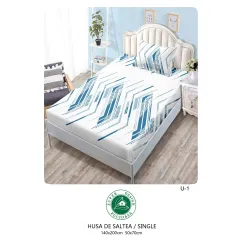 Set Husă de Pat cu Elastic și 1 Față de Pernă, Finet, 140x200 cm, Model Geometric Albastru (U-1)
