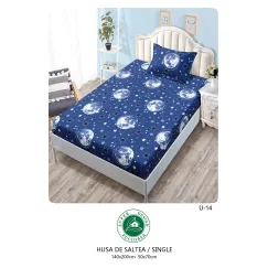 Set Husă de Pat cu Elastic și 1 Față de Pernă, Finet, 140x200 cm, Model Lună și Stele (U-14)