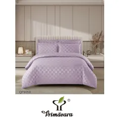 Lenjerie de Pat Dublu din Damasc Premium, 4 Piese, Cearceaf de Pat cu Elastic 180x200 cm, Model Pătrățele Mov