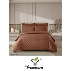 Lenjerie de Pat Dublu din Damasc Premium, 4 Piese, Cearceaf de Pat cu Elastic 180x200 cm, Model Pătrățele Maro