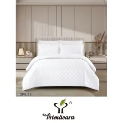 Lenjerie de Pat Dublu din Damasc Premium, 4 Piese, Cearceaf de Pat cu Elastic 180x200 cm, Model Pătrățele Alb
