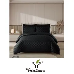 Lenjerie de Pat Dublu din Damasc Premium, 4 Piese, Cearceaf de Pat cu Elastic 180x200 cm, Model Pătrățele Negru
