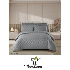 Lenjerie de Pat Dublu din Damasc Premium, 4 Piese, Cearceaf de Pat cu Elastic 180x200 cm, Model Pătrățele Gri