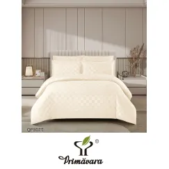 Lenjerie de Pat Dublu din Damasc Premium, 4 Piese, Cearceaf de Pat cu Elastic 180x200 cm, Model Pătrățele Crem