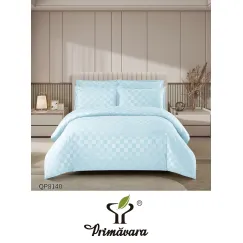 Lenjerie de Pat Dublu din Damasc Premium, 4 Piese, Cearceaf de Pat cu Elastic 180x200 cm, Model Pătrățele Bleu