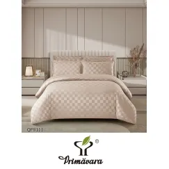 Lenjerie de Pat Dublu din Damasc Premium, 4 Piese, Cearceaf de Pat cu Elastic 180x200 cm, Model Pătrățele Bej