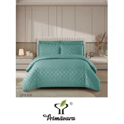 Lenjerie de Pat Dublu din Damasc Premium, 4 Piese, Cearceaf de Pat cu Elastic 180x200 cm, Model Pătrățele Turcoaz