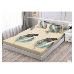 Set Husă de Pat din Finet cu Elastic, 180x200 cm, Model Pene Albastre și Fluturași, 2 Fețe de Pernă