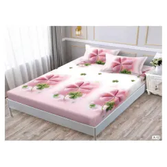 Set Husă de Pat din Finet cu Elastic, 180x200 cm, Model Flori Roz, 2 Fețe de Pernă