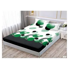 Set Husă de Pat din Finet cu Elastic, 180x200 cm, Model Geometric Verde și Negru, 2 Fețe de Pernă