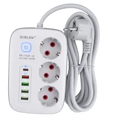 Prelungitor Electric Inteligent RURLBW, 3 Prize, 5 Porturi USB, Cablu 5 Metri, 2500W, Alb