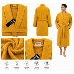 Set Complet Baie: 1 Halat Velur Mărime L/XL și 2 Prosoape, Muștar