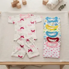 Set 4 Mărimi Pijama Copii cu Pantalon Surt și Mânecă Surtă din Bumbac Imprimat Mărimi 34-40