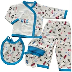 Set 4 Serii Compleu Pentru Bebeluși 5 Piese Bumbac 100% Cu Model Imprimat Albastru Mărimi 22-24