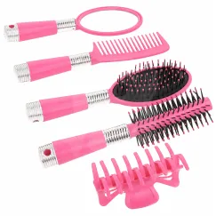 Set 5 Accesorii pentru Păr: Perie Rotundă, Perie Ovală, Pieptăn, Oglindă și Clamă, Roz