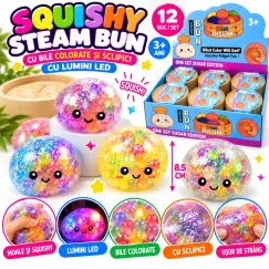 Jucărie Squishy Steam Bun cu Lumini LED, Bile Colorate și Sclipici, Antistres, 8,5 cm