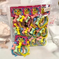 Set elastice colorate cu fundiță pastel - 4 bucăți/cartonaș (12 cartonașe/set)