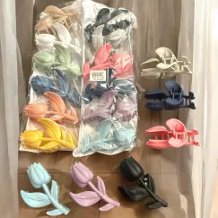 Set Elegant de Clești de Păr Lalea cu Frunze din Silicon Mat, Colecție de Culori Pastelate și Intense, Set de 12 Bucăți