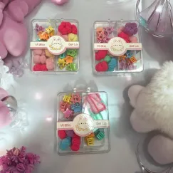 Set Accesorii Păr pentru Copii - Cutie Dreptunghiulară cu Elasticuțe, Clămițe și Pampoane Colorate - Model Yi Sha Bei La D57
