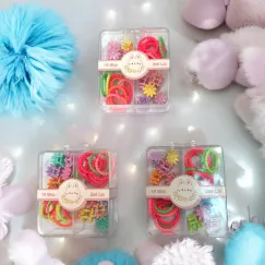 Set accesorii de păr pentru copii - elastic colorat și mini cleme florale în cutie transparentă