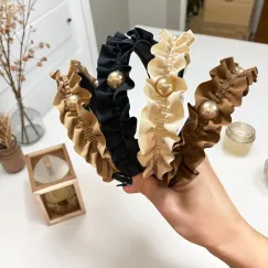 Set 12 bentite satin cu volane și perlă decorativă - model elegant
