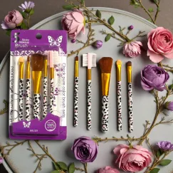 Set pensule machiaj 5 piese animal print cu finisaj auriu pentru față si ochi