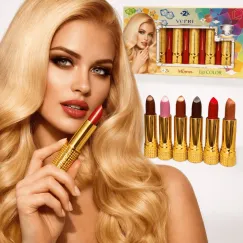 Set rujuri mate 6 culori în tub auriu elegant