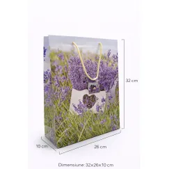 Pungă cadou medie 32x26x10 cu lavandă și inimă - model elegant