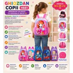 Ghiozdan copii H661 cu personaje 3D 34x28x12 cm