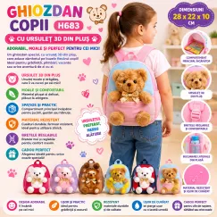 Ghiozdan copii H683 28x22x10 cm cu ursuleț 3D din pluș