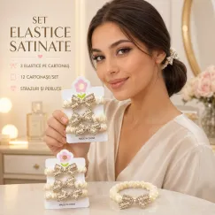 Set 36 Elastice de Păr Satinate cu Strasuri și Perluțe - 12 Cartonașe