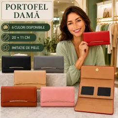 Portofel damă din imitație de piele, 20 x 11 cm, cu capsă și 8 locuri pentru carduri
