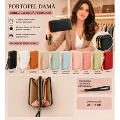 Portofel damă dublu din imitație de piele, 20 x 11 cm, două fermoare