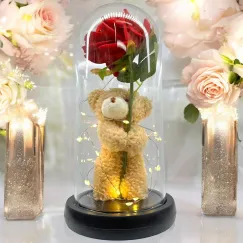 Ursuleț cu floare decorativă sub cupolă LED, 9 x 20 cm, I458