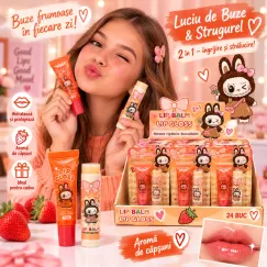 Set Îngrijire Buze 2 în 1 RPK 1755 Luciu de Buze 15 ml și Balsam Strugurel cu Aromă de Căpșuni – Set 24 Bucăți