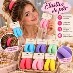 Elastice de Păr Colorate Groase din Material Textil Reiat - Set 12 Cartonașe (24 Bucăți)